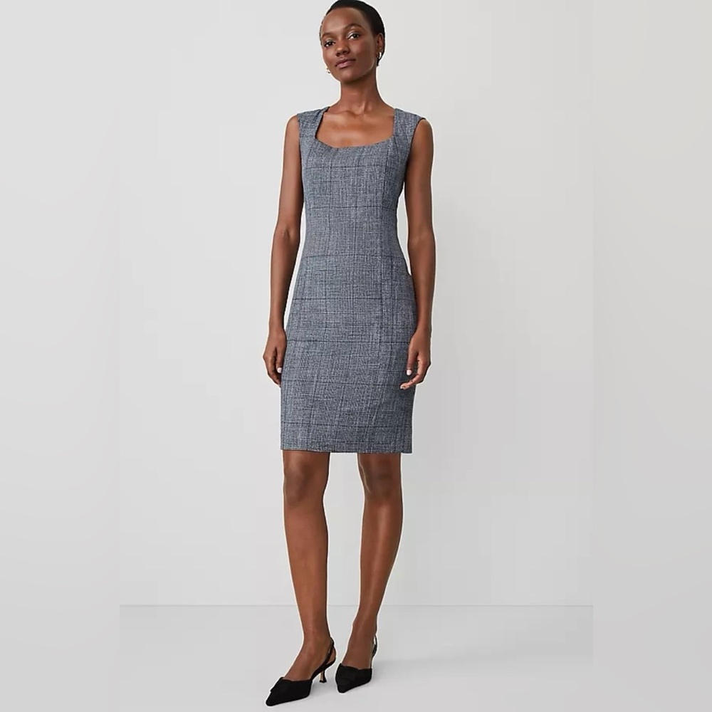 New Ann Taylor The Square Neck Sheath Dress in Plaid Navy Blue Sz 8 Career Work